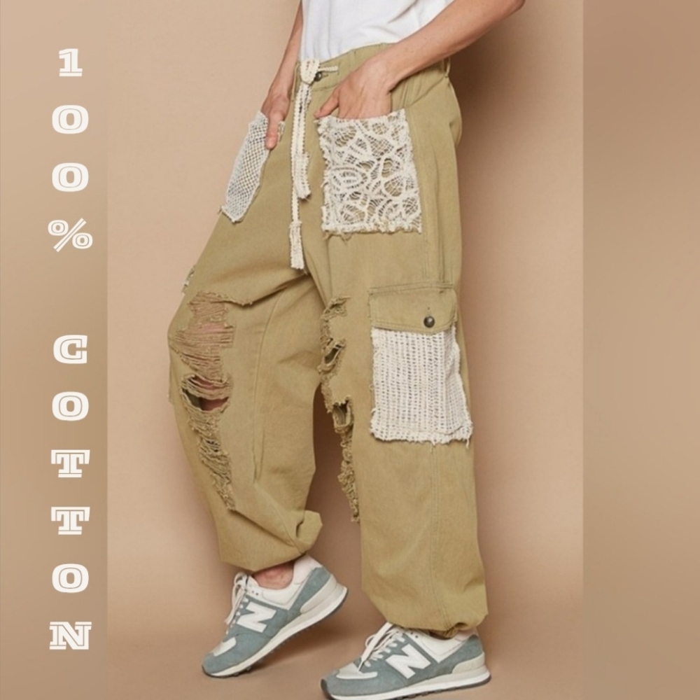 100% Cotton Olive Crochet Patch Distressed Pants